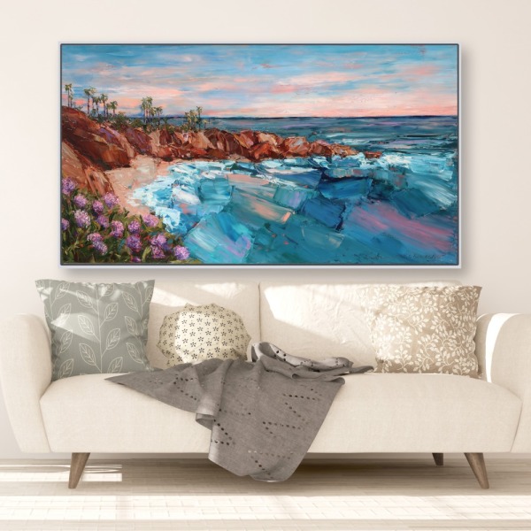 Coastal California 42×74 framed and hung over couch for web