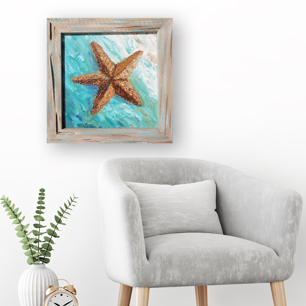 Surf Starfish framed in cypress hung for web 18×18