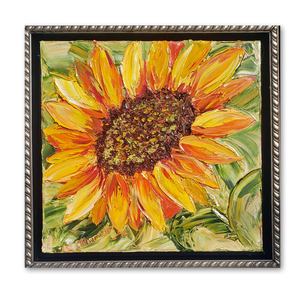 Solitary Sunflower framed 14×14 on bg low