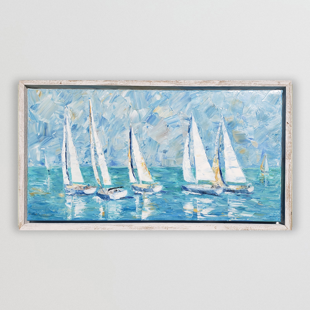 Turquoise Sail Study framed on bg low 17×32
