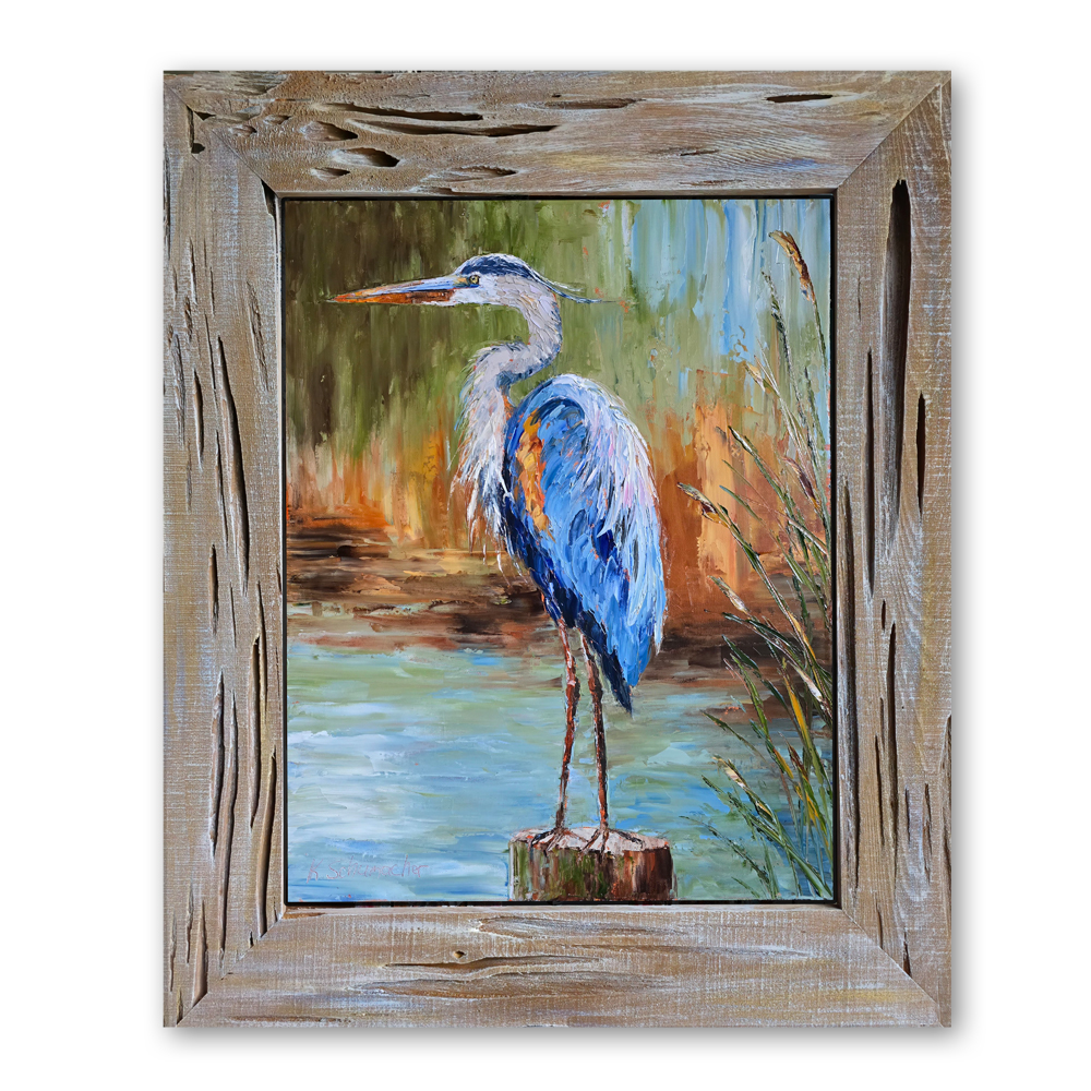 Autumn Heron framed 31×26 on bg low
